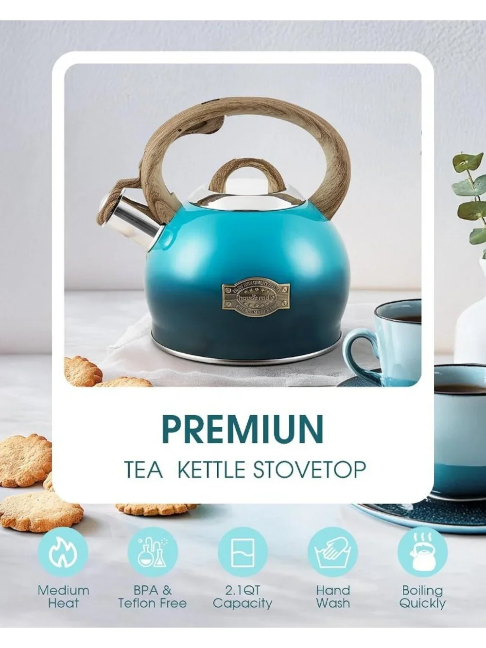 Dark Blue Whistling Tea kettle 2.1 QT Stainless Steel Stovetop with Wood Handle